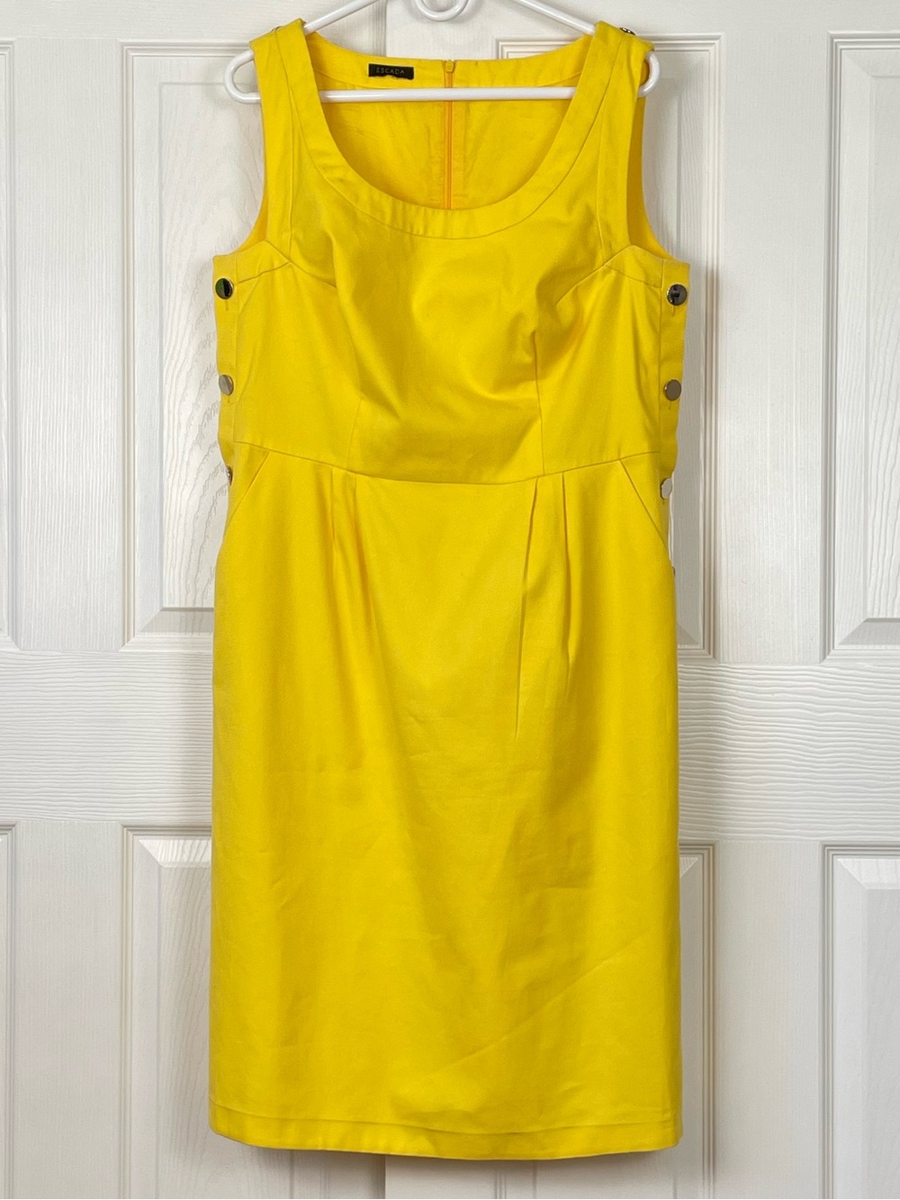 Escada Bright Yellow Sleeveless Sheath Dress with Logo Buttons size 44 US XL